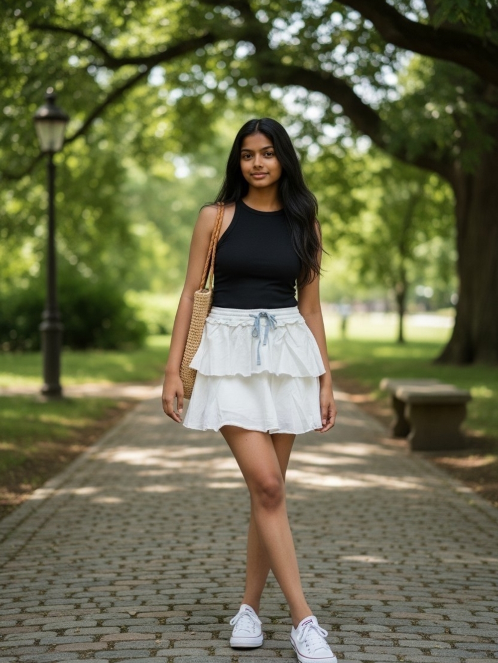 Main Strip White Tiered Skort with Baby Blue Drawstring